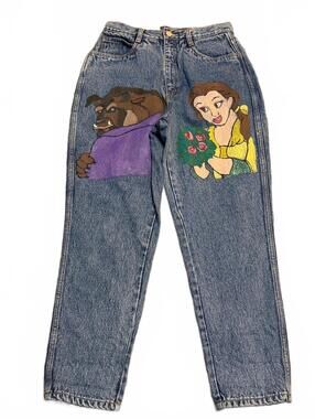 Vintage Bill Blass Petites Beauty and the Beast Hand Painted Jeans Size 10P